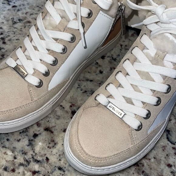J/Slides Leslie Sheep‎ Hair Trimmed Leather Sneaker Shoes Size 6 Tan White - Picture 5 of 11